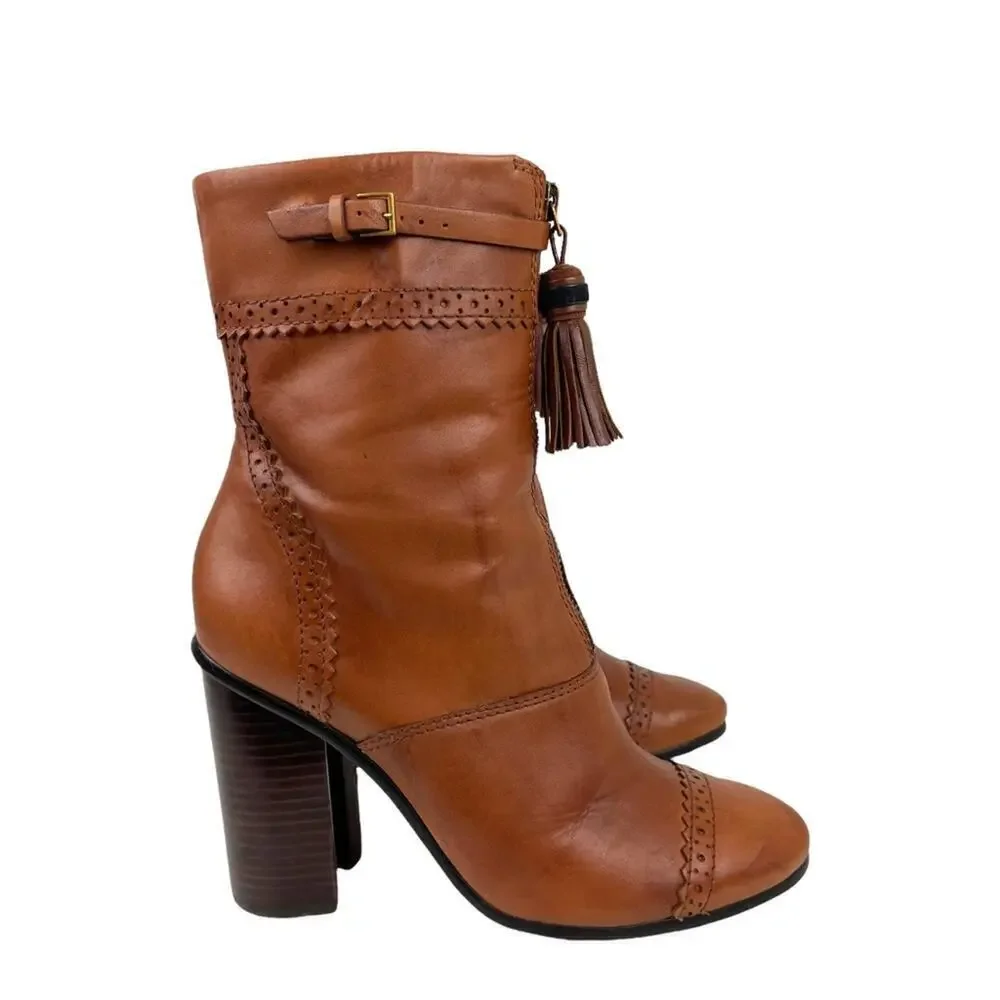 TORY BURCH Womens Size 8 Huxley Brown Leather Ankle Boots Tassel Zipper Shoes